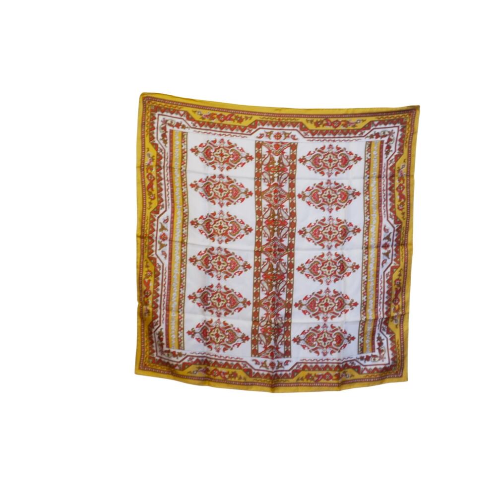 Vintage 1980s Red Yellow Paisley Square Scarf 28x28 Silky Boho Retro